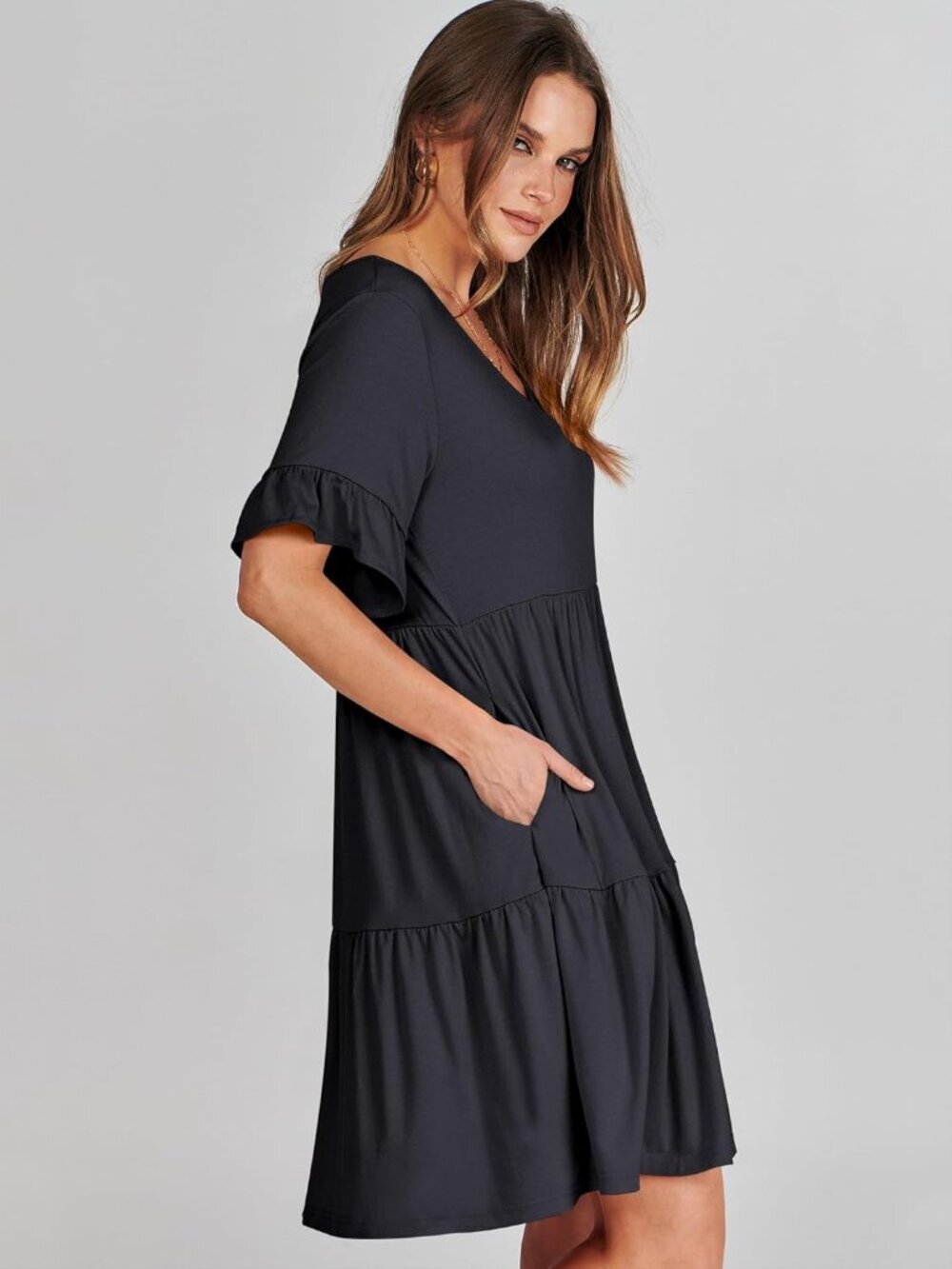 Anrabess Women's Black Floral Neck Ruffle Sleeve A Line Tiered Mini Flowy Dress - Picture 4 of 6